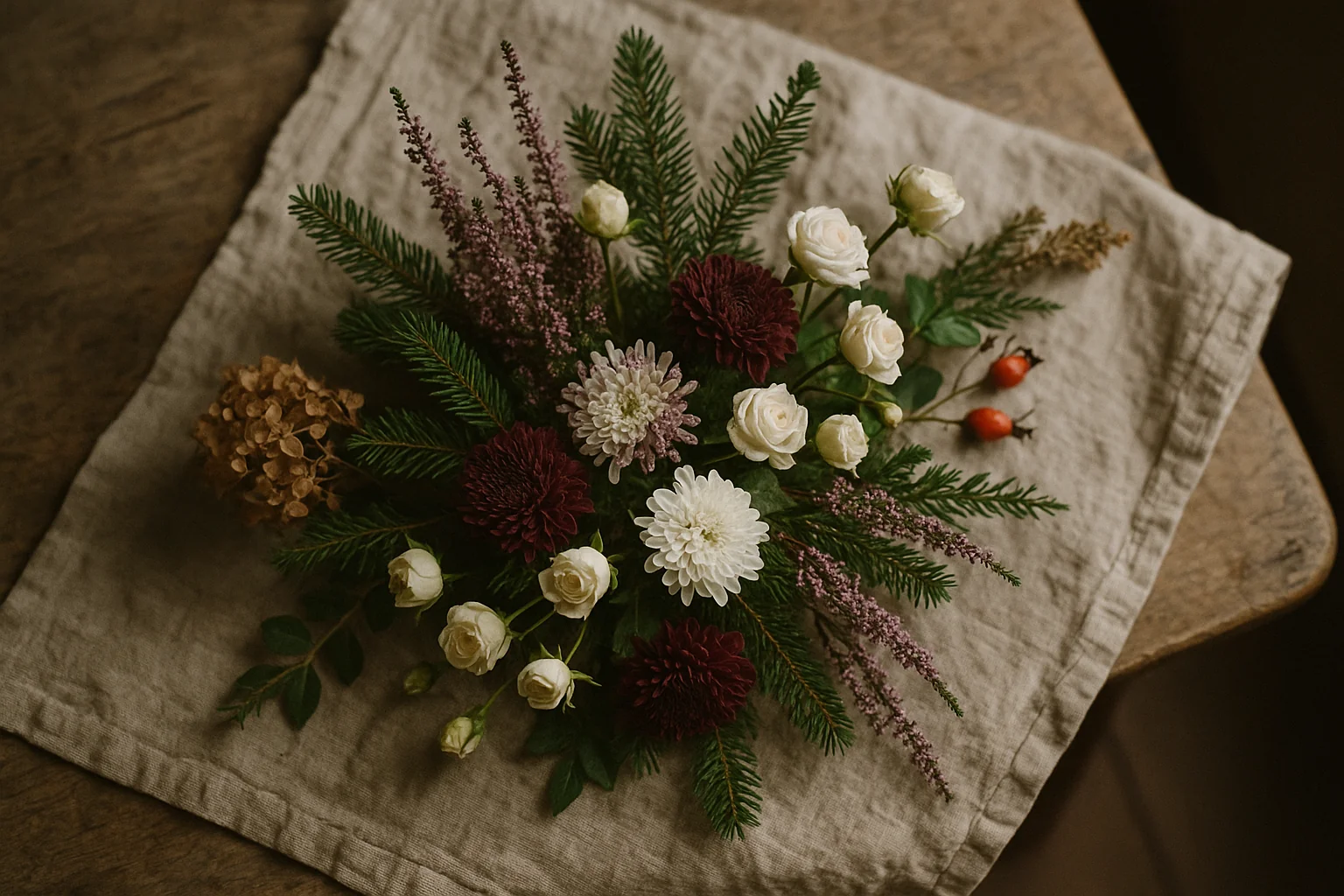Herbststrauß mit Chrysanthemen, Erika und Hagebutten