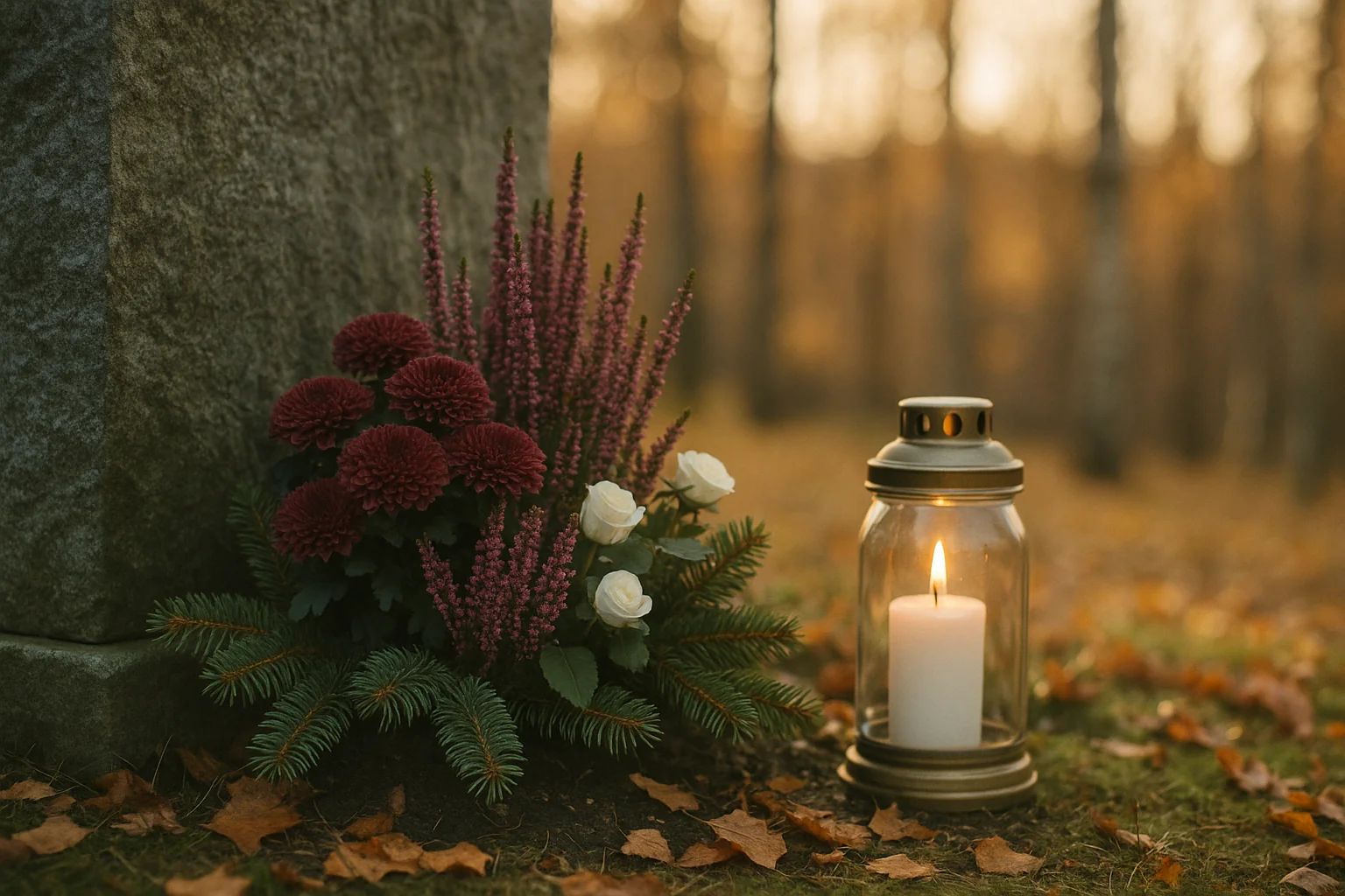 Herbstliches Grab mit Grablicht und Chrysanthemen zu Allerheiligen
