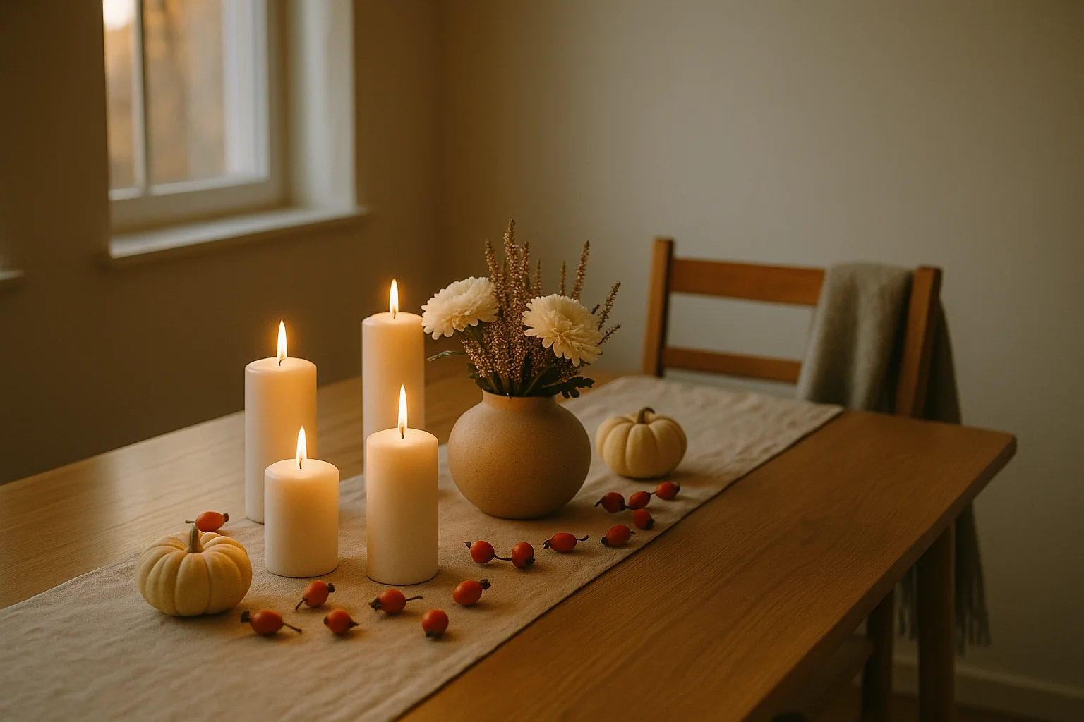 Esstisch mit weißen Kerzen, Herbststrauß und Leinentischläufer zu Allerheiligen