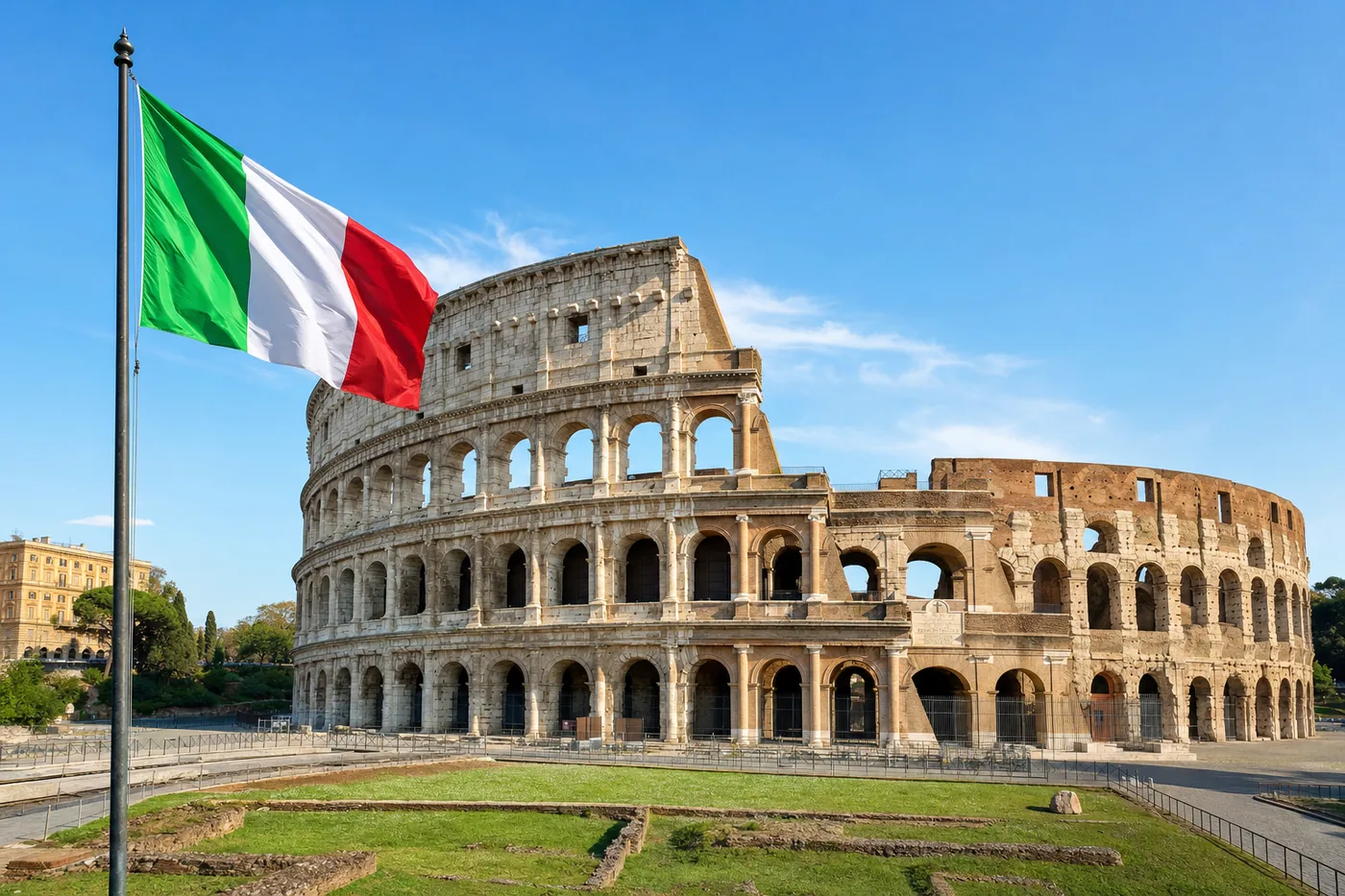 Italien – bekanntes Wahrzeichen mit der Landesflagge