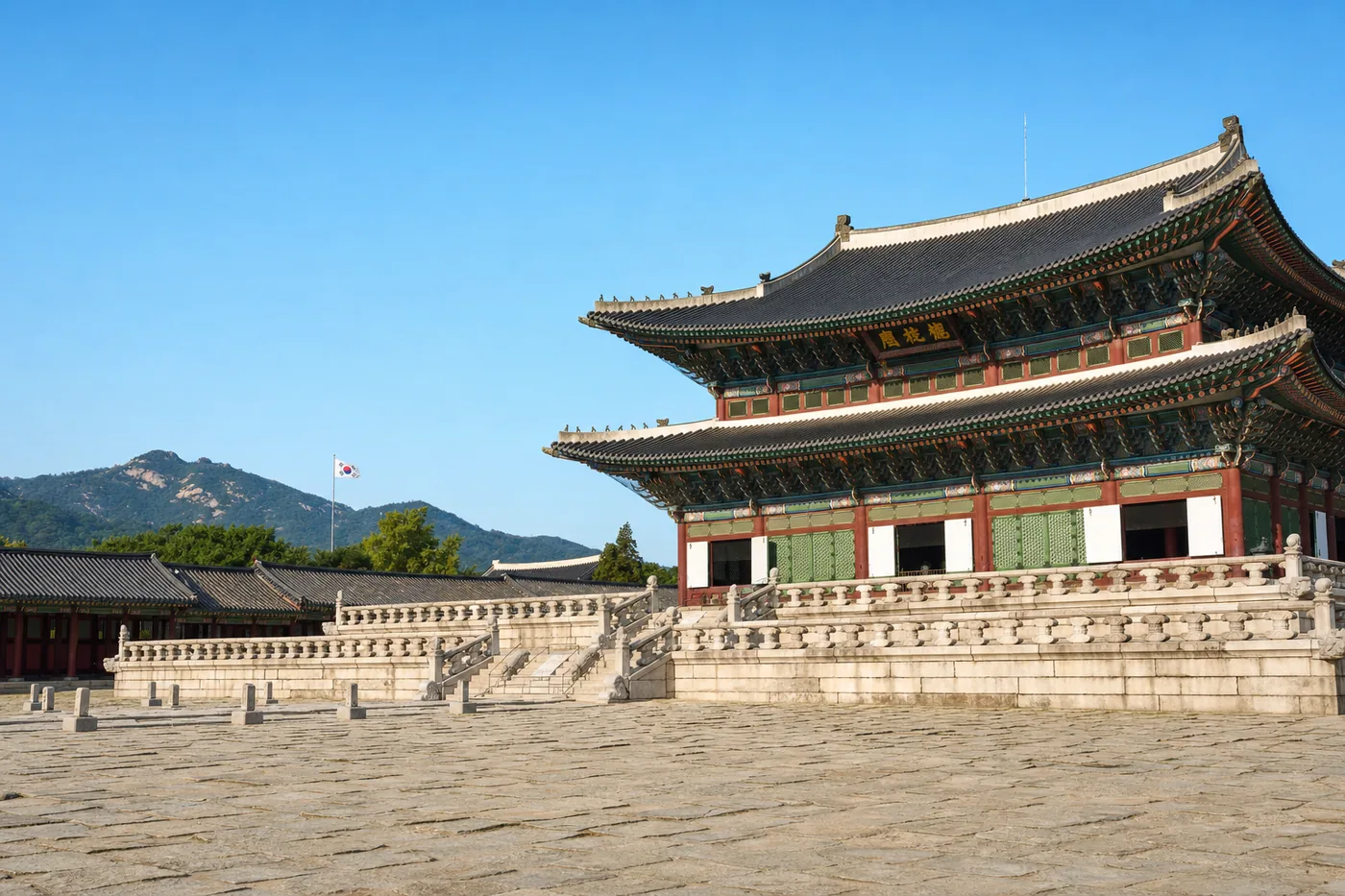 Südkorea – bekanntes Wahrzeichen mit der Landesflagge