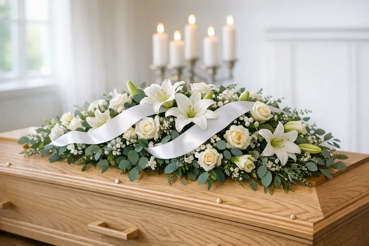 Sarggesteck mit weißen Lilien und Rosen auf dem Sarg