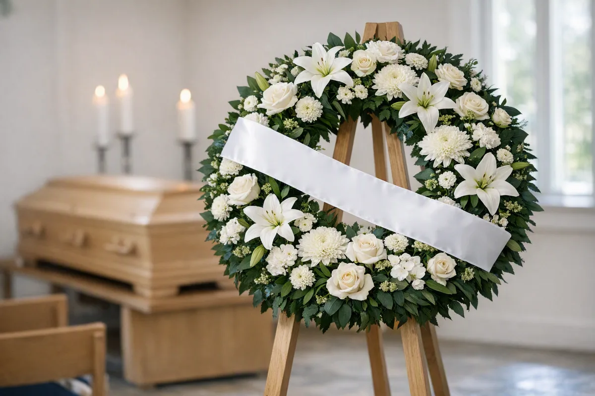 Trauerkranz mit weißen Lilien und Rosen auf Ständer mit Trauerschleife